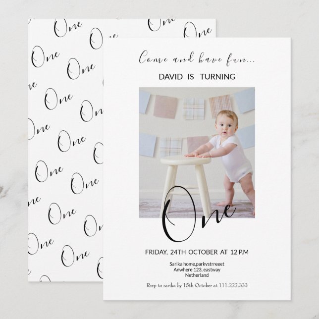 Simple Baby Turning One  First Birthday Photo  Invitation (Front/Back)