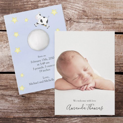 Simple Baby Watercolor Cow Jumped Over the Moon Announcement