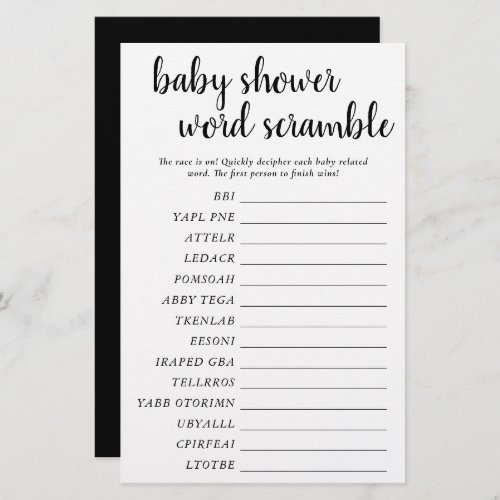 Simple Baby Word Scramble  Black White Game Card