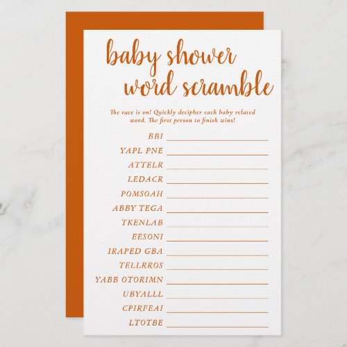 Simple Baby Word Scramble  Fall Orange Game Card