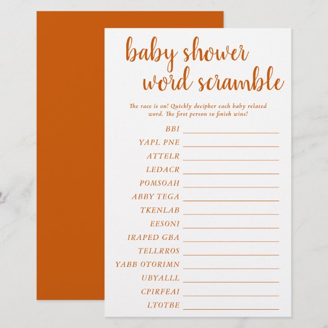Simple Baby Word Scramble | Fall Orange Game Card (Front/Back)