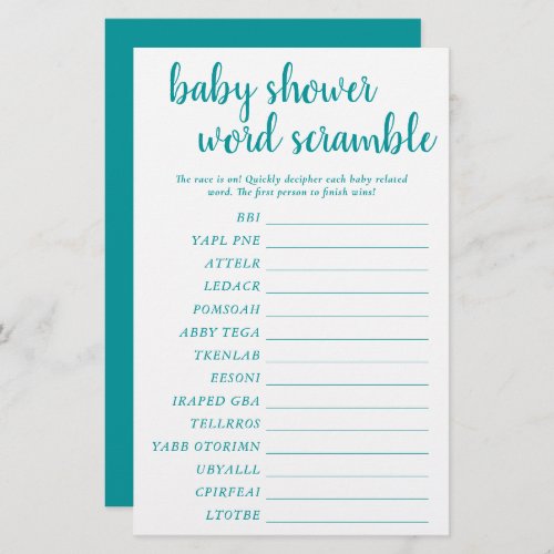 Simple Baby Word Scramble  Teal Aqua Game Card