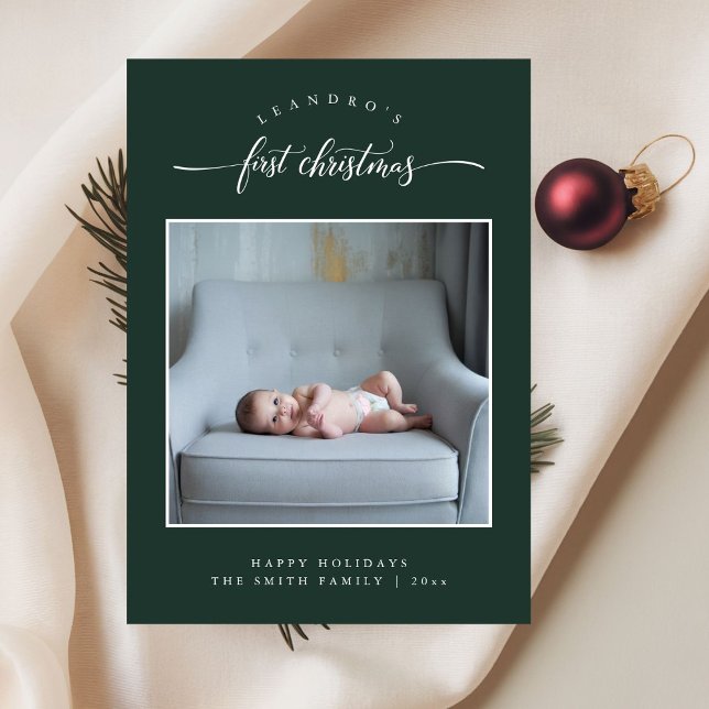 Simple Baby's First Christmas Single Photo Green Holiday Card (Creator Uploaded)