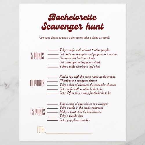 Simple bachelorette scavenger hunt game