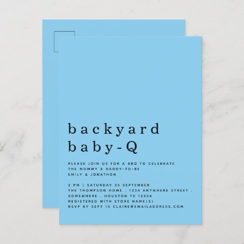 Simple Backyard Baby Q BBQ Shower Blue Invitation Postcard