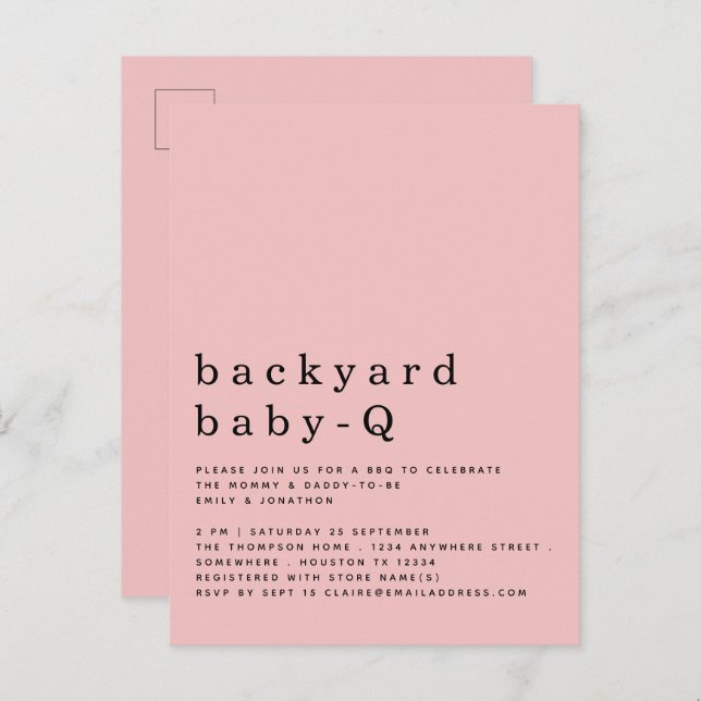 Simple Backyard Baby Q BBQ Shower Pink Invitation Postcard (Front/Back)