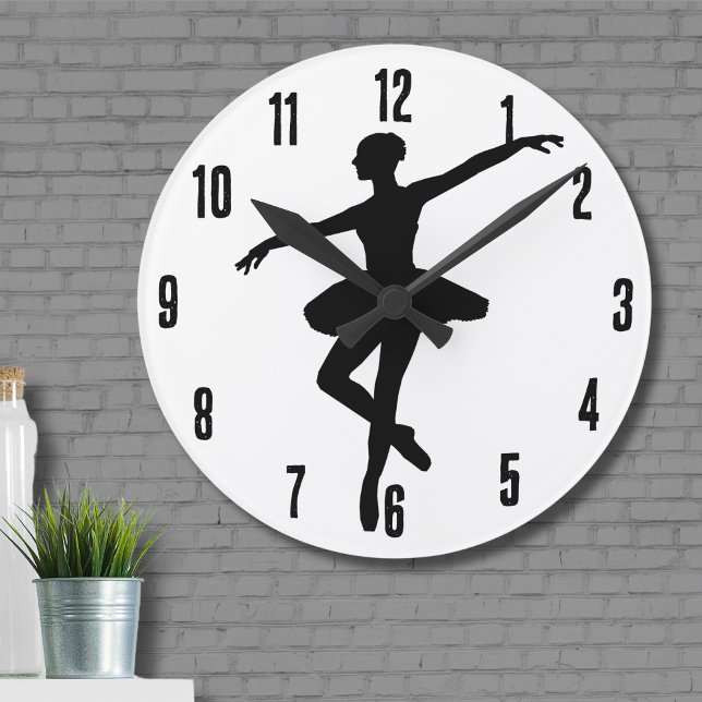Simple Ballet Black White Ballerina Round Clock (Cute Simple Black White Ballet Dancing Ballerina Round Clock)