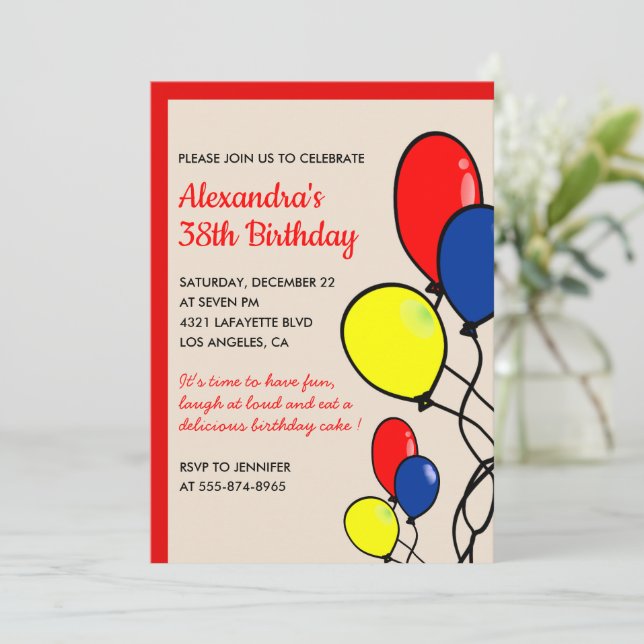 Simple Balloons 38th birthday invitations  (Standing Front)