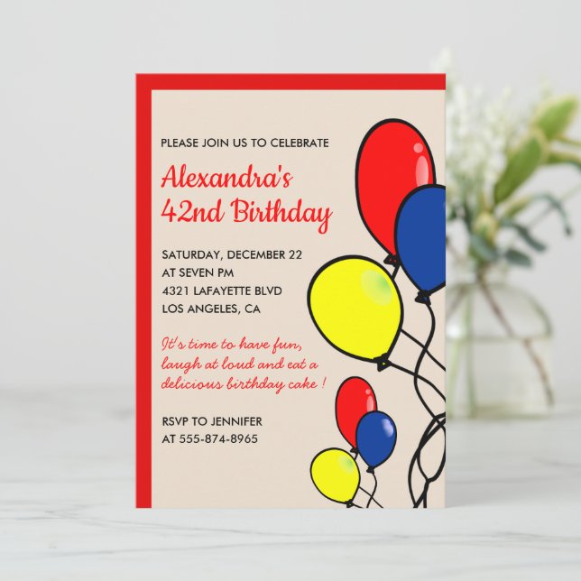 Simple Balloons 42nd birthday invitations  (Standing Front)