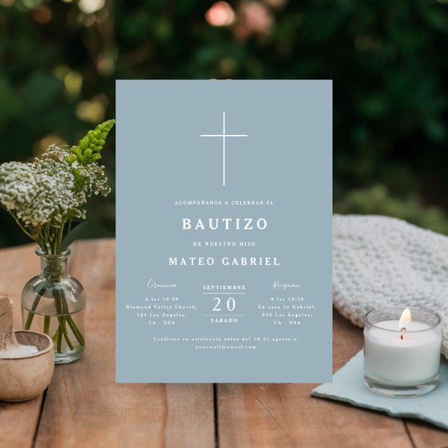 Simple Baptism Dusty Blue Spanish Bautizo Invitation (Creator Uploaded)
