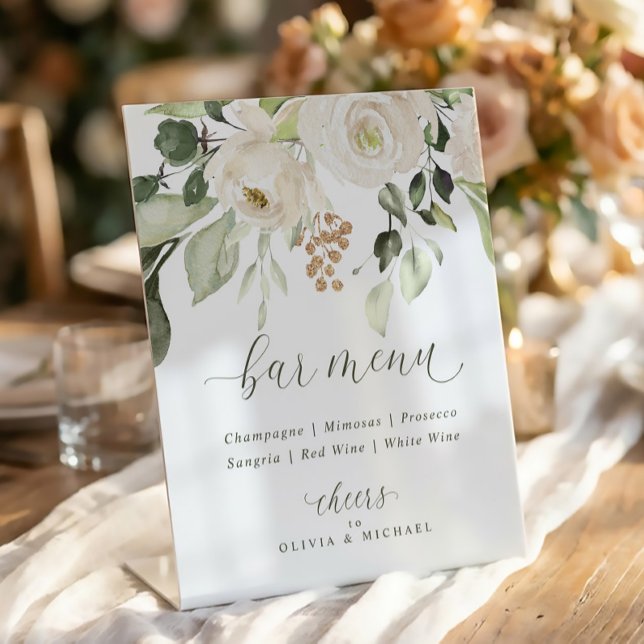 Simple Bar Menu Sign White Floral Greenery (Simple bridal shower bar menu with white floral watercolor design and greenery botanical accents)