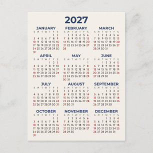 Simple Basic 2027 Calendar Minimal Your Colours Postcard