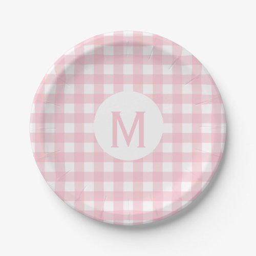 Simple Basic Baby Pink Gingham Monogram Paper Plates