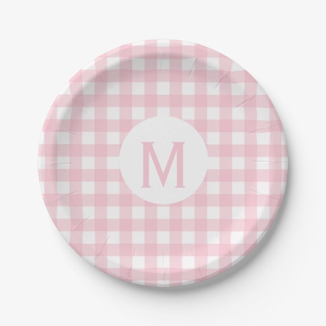 Simple Basic Baby Pink Gingham Monogram Paper Plates (Front)