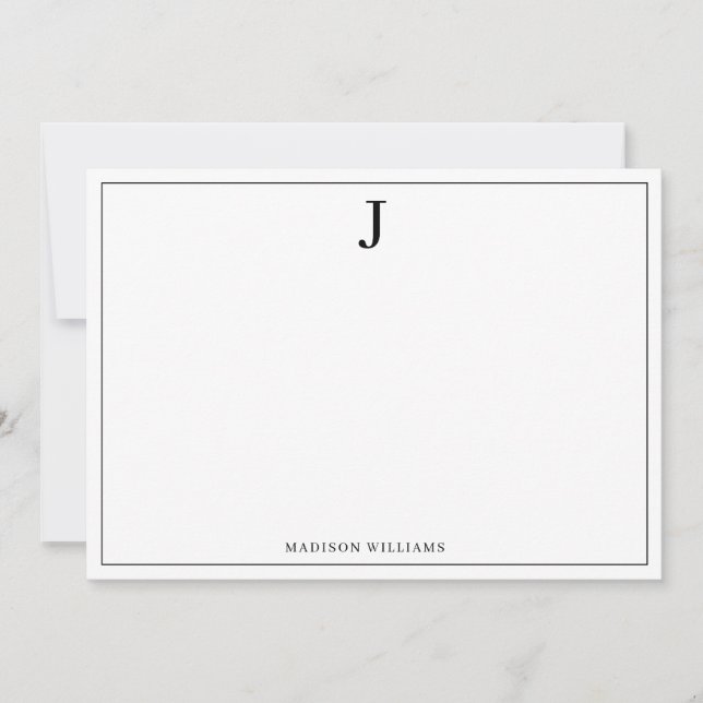 Simple Basic Black Monogram Square Border Note Card (Front)