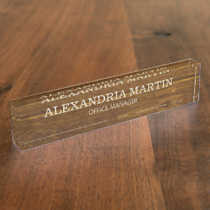 Simple Basic Brown Wood Name Job Title  Desk Name Plate