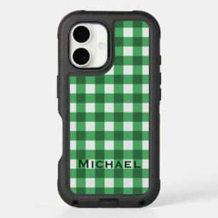 Simple Basic Emerald Green Gingham Add Your Name iPhone 16 Case