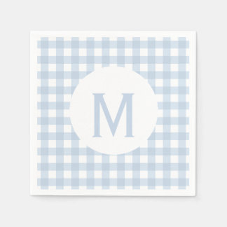 Simple Basic Faded Denim Blue Gingham Monogram Paper Napkins