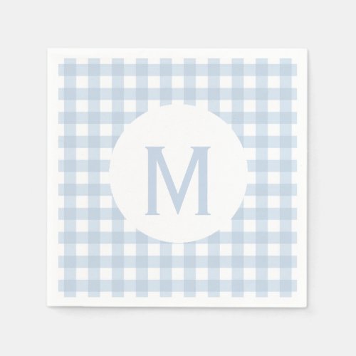 Simple Basic Faded Denim Blue Gingham Monogram Paper Napkins