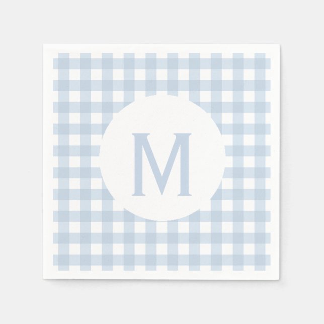 Simple Basic Faded Denim Blue Gingham Monogram Paper Napkins (Front)