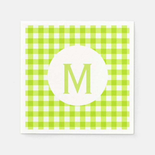 Simple Basic Lime Green Gingham Monogram Napkins (Front)