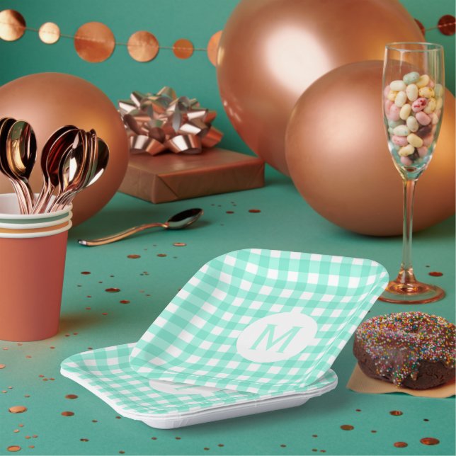 Simple Basic Mint Green Gingham Monogram Paper Plates (Multi)