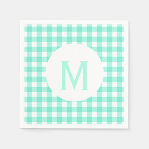 Simple Basic Neo Mint Green Gingham Monogram Paper Napkins