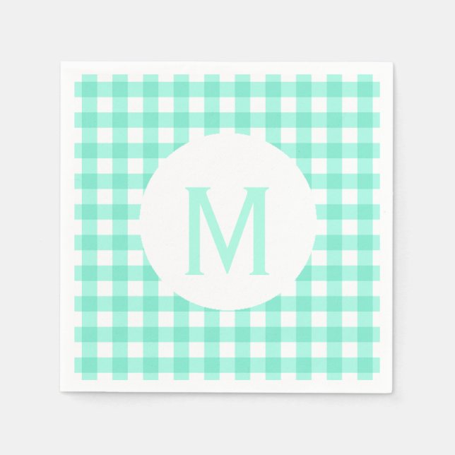 Simple Basic Neo Mint Green Gingham Monogram Paper Napkins (Front)