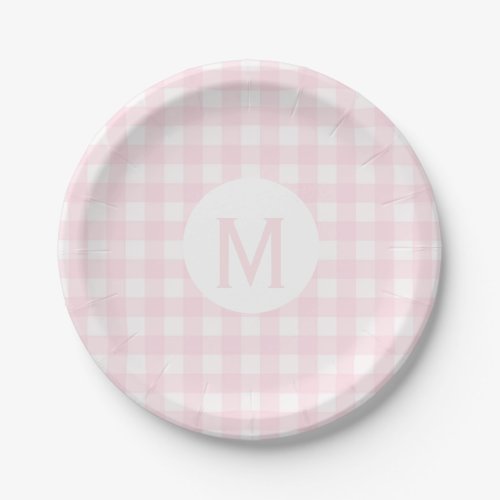 Simple Basic Pale Pink Gingham Monogram Paper Plates