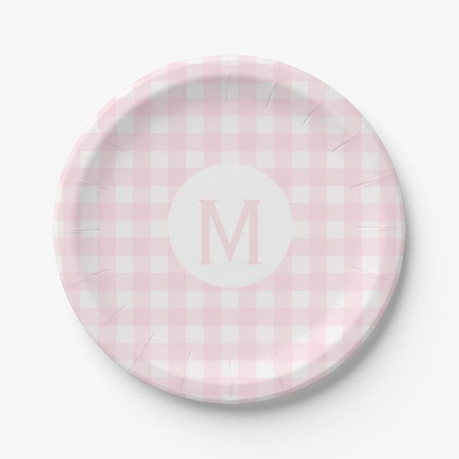 Simple Basic Pale Pink Gingham Monogram Paper Plates (Front)