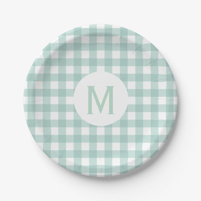 Simple Basic Sage Green Gingham Monogram Paper Plates (Front)
