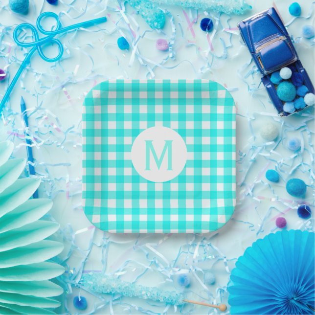 Simple Basic Turquoise Gingham Monogram Paper Plates (Party)