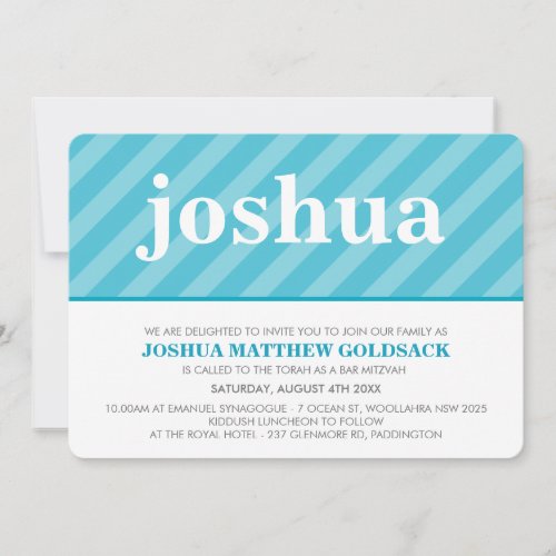 SIMPLE BAT MITZVAH cute stripe pattern aqua blue Invitation