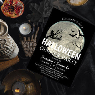 Simple Bats Night Full Moon Halloween Dinner Party Invitation
