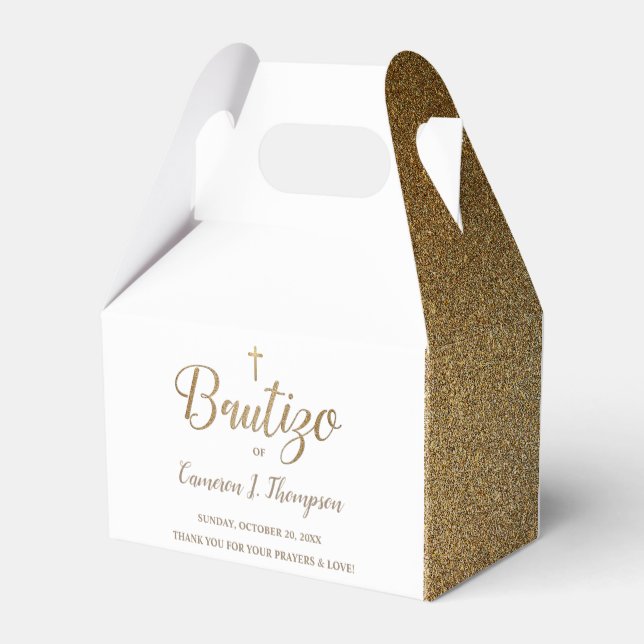 Simple Bautizo Gold White Cross Spanish thank you Favor Boxes (Back Side)