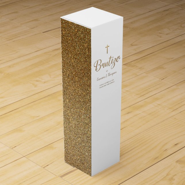 Simple Bautizo Gold White Cross Spanish thank you  Wine Box (Back)