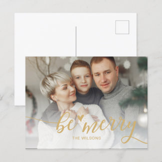 Simple Be Merry Heart Cute Script Gold photo  Holiday Postcard