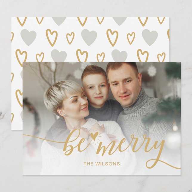 Simple Be Merry Script Hearts Cute Gold photo  Holiday Card (Front/Back)