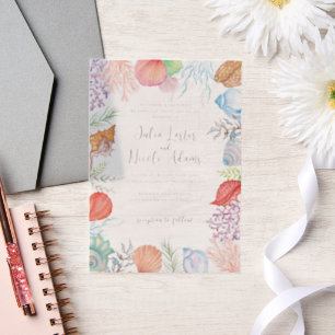 Simple Beach Blue Ocean Seashell Wedding Vellum Invitations