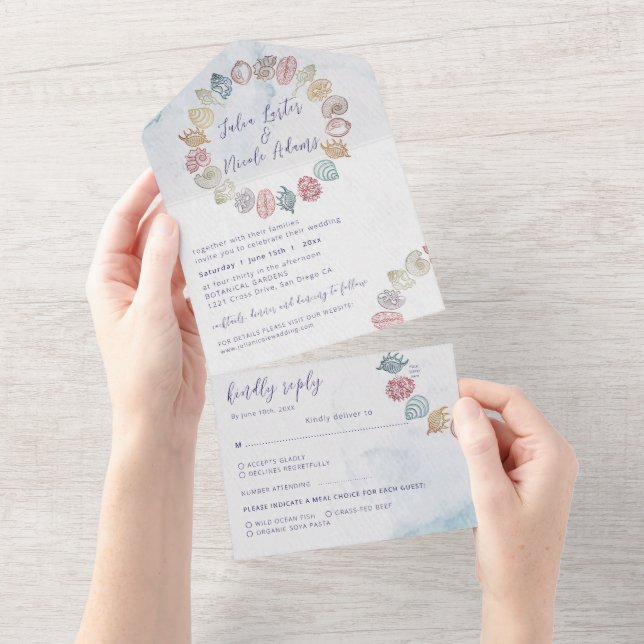 Simple Beach Ocean Seashell Wreath Wedding All In One Invitation (Tearaway)