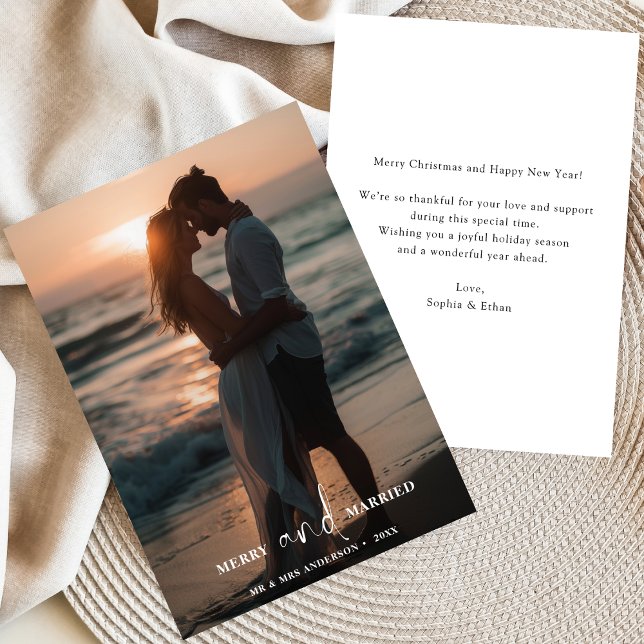 Simple Beach Photo Merry and Married Christmas Holiday Card (Creator Uploaded)