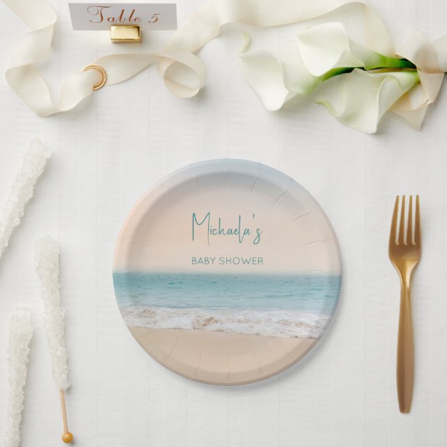 Simple Beach Photo Personalized Baby Shower  Paper Plates (Wedding)