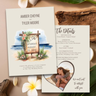 Simple Beach Watercolor Wedding Details and Photo Invitation