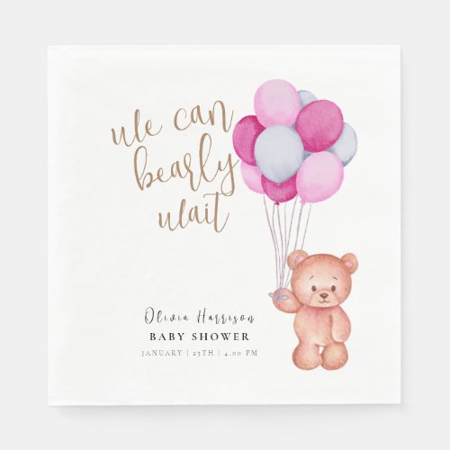 Simple Bearly Wait Bear Pink Balloon Baby Shower  Napkins