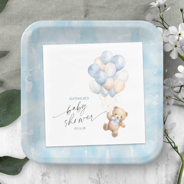 Simple Bearly wait Teddy Bear Blue Balloons Shower Napkins (Blue We Can Bearly Wait, Teddy Bear Themed Baby Boy Shower Napkin.)