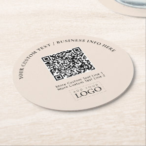Simple Beige Business Logo QR Code Promotional Round Paper Coaster