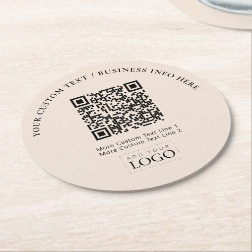 Simple Beige Business Logo QR Code Promotional Round Paper Coaster