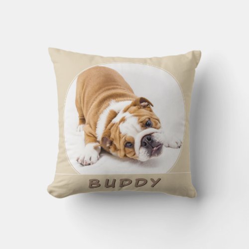 Simple Beige Dog Pet Puppy Name and Photo Throw Pillow