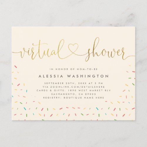 Simple Beige  Gold Calligraphy Virtual Shower Invitation Postcard