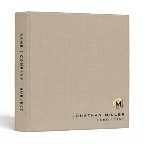 Simple Beige Linen Gold Monogram 3 Ring Binder
